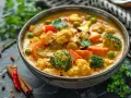 Un délicieux coco curry végétarien, riche en brocolis, chou-fleur et carottes, garni de coriandre fraîche.