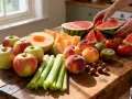Fruits et légumes frais sur une table en bois. Une alimentation saine peut aider à gérer une allergie aux graminées.