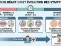 Graphique illustrant les temps de réaction et symptômes d'une allergie, incluant urticaire, troubles digestifs et éruptions cutanées. Une allergie au collagène peut se manifester rapidement ou tardivement.