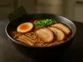 Un bol fumant de recette ramen japonais traditionnel : nouilles, œuf mollet, porc chashu, ciboule et algue nori.