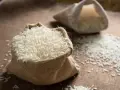 Un sac en toile de jute déborde de riz blanc, une céréale essentielle. Une autre bourse de riz est visible en arrière-plan.