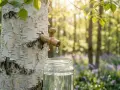 Goutte à goutte, la seve de bouleau coule dans un bocal. La forêt s'éveille au printemps, baignée d'une douce lumière.