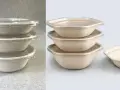 Empilement de bols à sauce en carton biodégradable avec couvercles transparents. Parfait pour emporter vos plats préférés.