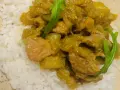 Un plat de riz blanc garni d'un curry vert aux légumes et morceaux de viande.