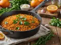 Poêle remplie de lentilles dorées, garnie de persil frais. Autour, des oranges, de l'ail et des épices suggèrent un plat savoureux.