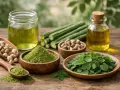 Huiles, feuilles, poudre et bâtonnets de moringa, illustrant les multiples moringa bienfaits pour la santé.