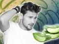 Homme aux cheveux soignés, avec des tranches d'aloe vera. L'aloe vera cuir chevelu est un ingrédient naturel pour des cheveux sains.