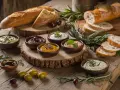 Assortiment de sauces dip colorées, accompagnées de pain frais et d'olives, sur une table en bois rustique.