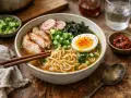 Un bol de ramen de poulet fumant avec des nouilles, des tranches de poulet grillé, un œuf mollet, des algues et des oignons verts.