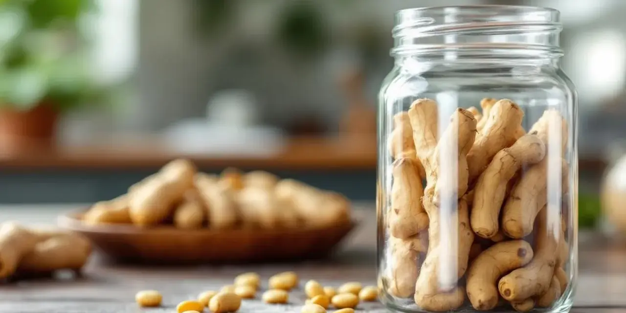 Racines d'ashwagandha dans un bocal en verre, rappelant le danger potentiel de surconsommation.