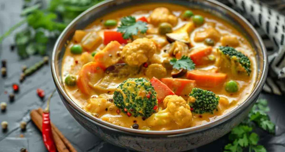 Un délicieux coco curry végétarien, riche en brocolis, chou-fleur et carottes, garni de coriandre fraîche.