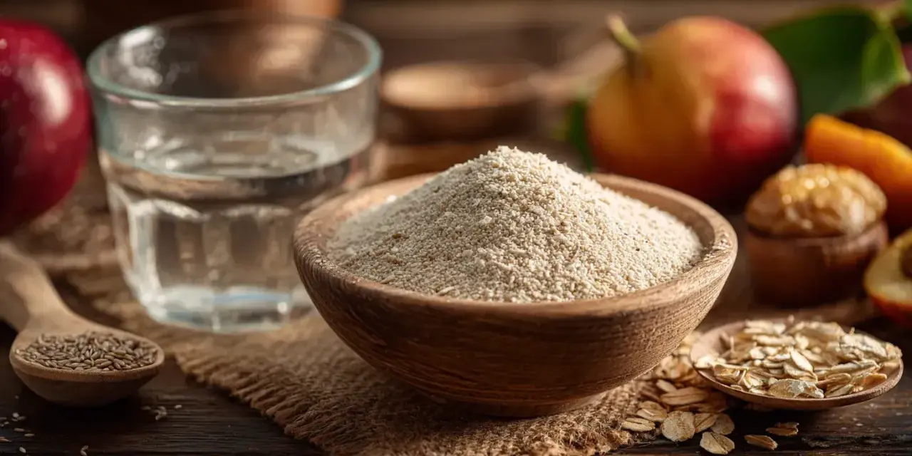 Un bol de psyllium en poudre, des flocons d'avoine, des fruits et un verre d'eau. Découvrez les psyllium bienfaits pour une alimentation saine.
