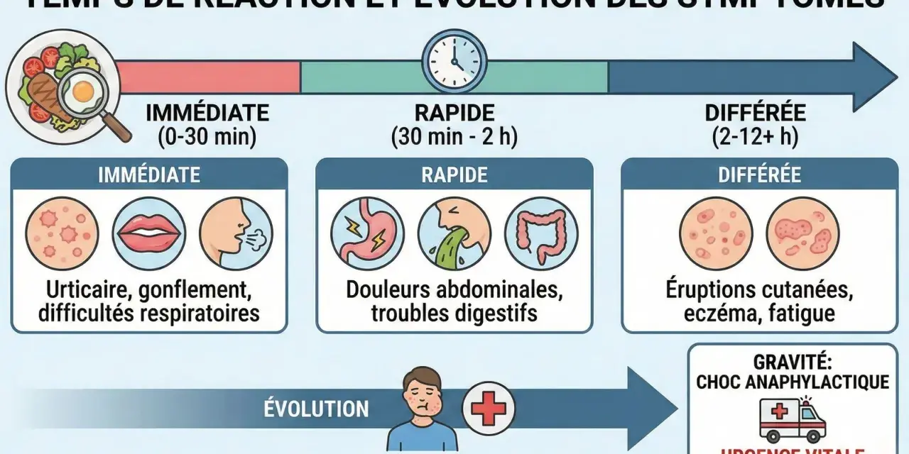 Graphique illustrant les temps de réaction et symptômes d'une allergie, incluant urticaire, troubles digestifs et éruptions cutanées. Une allergie au collagène peut se manifester rapidement ou tardivement.