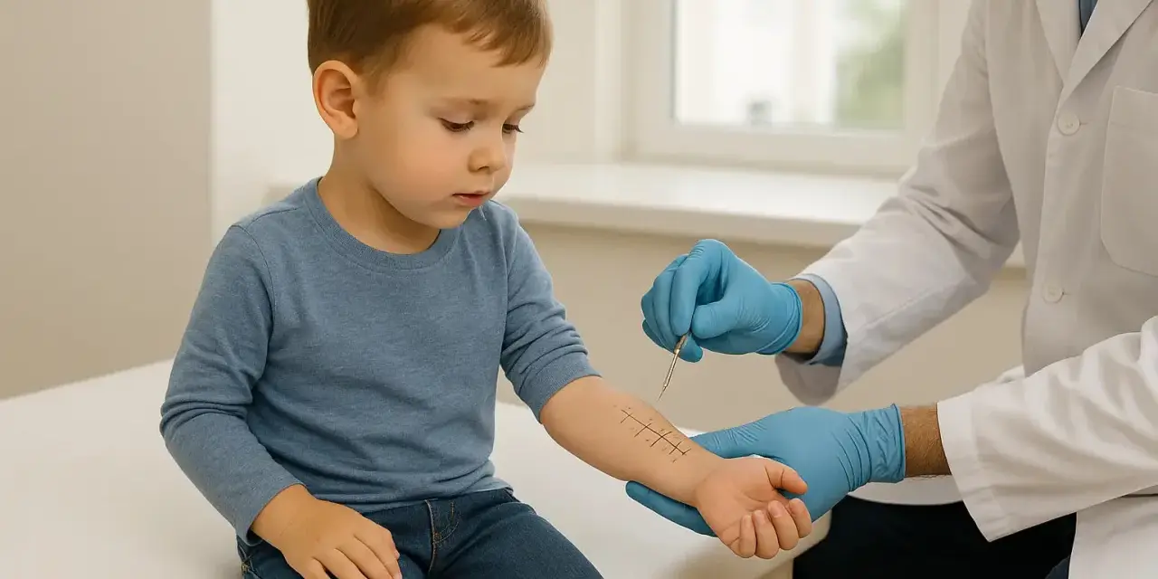 Un enfant subit un test cutané pour diagnostiquer une allergie au maïs. Le médecin, ganté, utilise un instrument pour introduire des allergènes sur son bras.