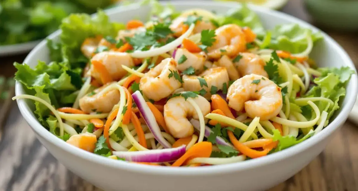 Salade de nouilles thaï colorée avec crevettes, carottes râpées, oignons rouges et coriandre fraîche, servie dans un bol blanc.