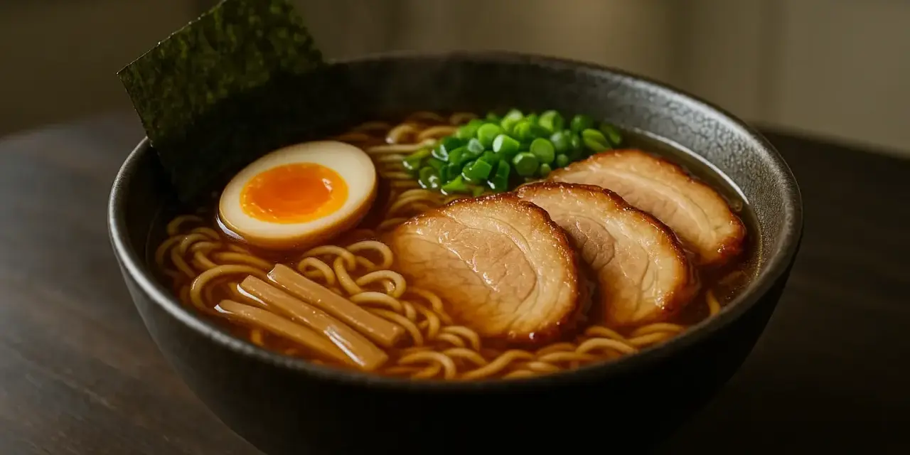 Un bol fumant de recette ramen japonais traditionnel : nouilles, œuf mollet, porc chashu, ciboule et algue nori.
