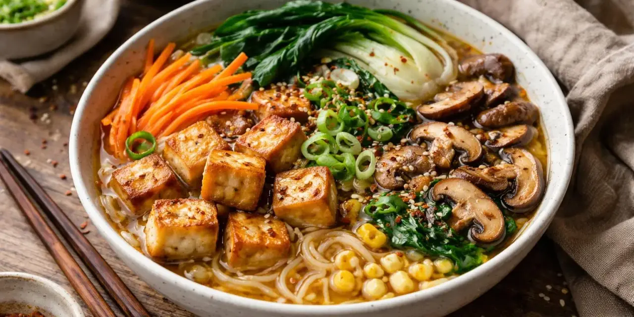 Un bol de ramen veggie appétissant avec des cubes de tofu croustillants, des champignons, du bok choy, des carottes et du maïs.