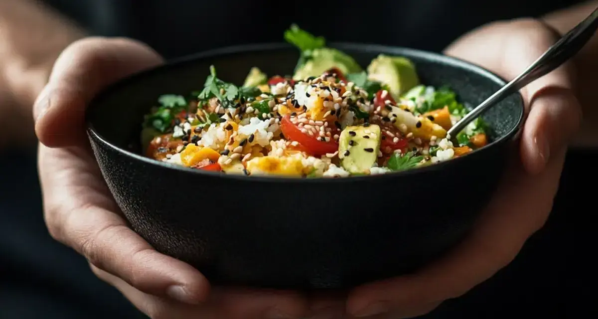 Un bol de riz coloré garni d'avocat, de tomates et de graines de sésame, prêt à être dégusté.