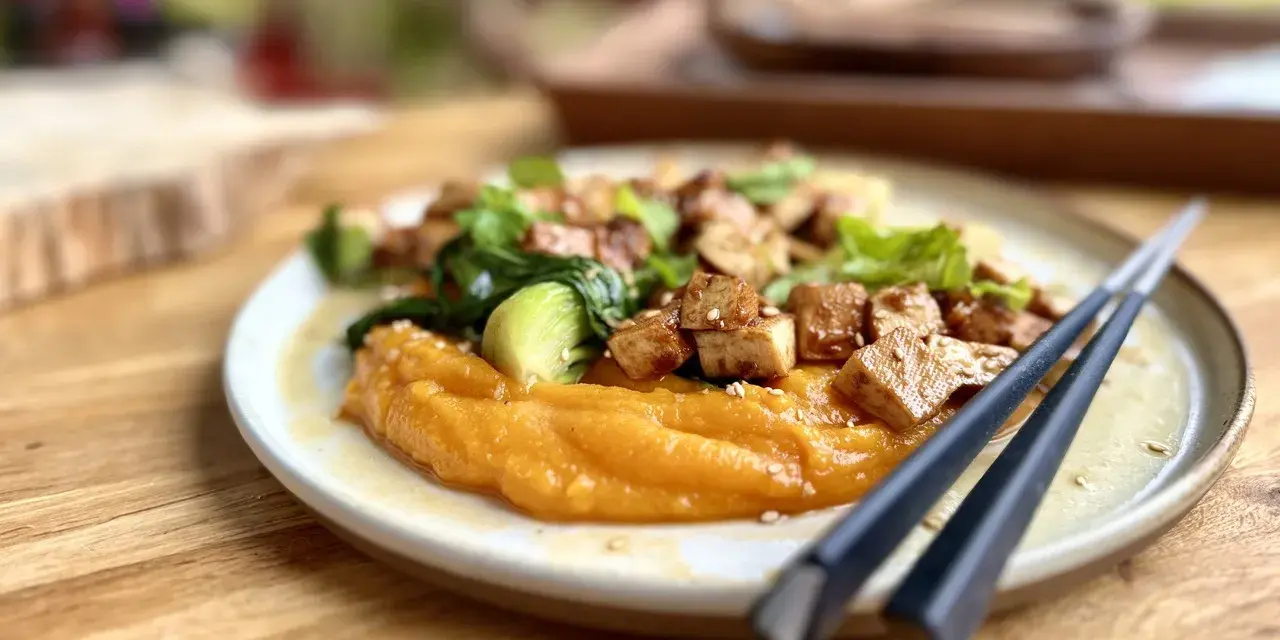 Un plat savoureux de tofu miso sur une purée de patates douces, garni de légumes verts et de graines de sésame.
