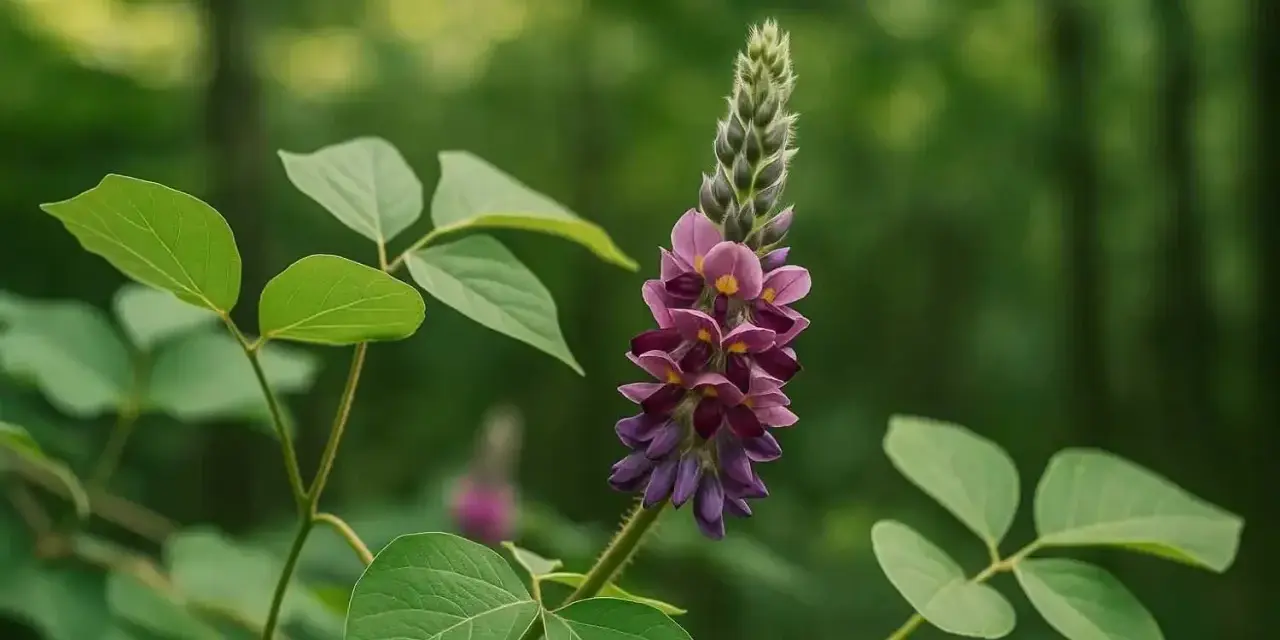 Fleur de kudzu, aux teintes violettes et roses, avec ses feuilles vertes. Une plante aux nombreux kudzu bienfaits.