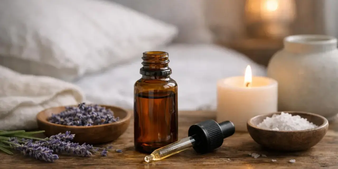 Huile essentielle de lavande, un somnifère naturel, avec des fleurs séchées, du sel et une bougie allumée pour une ambiance relaxante.