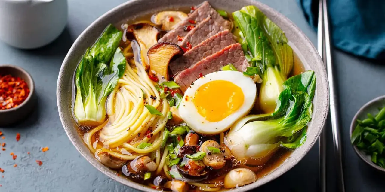 Un bol de pâte ramen savoureux avec des tranches de bœuf, un œuf mollet, des champignons et du bok choy.