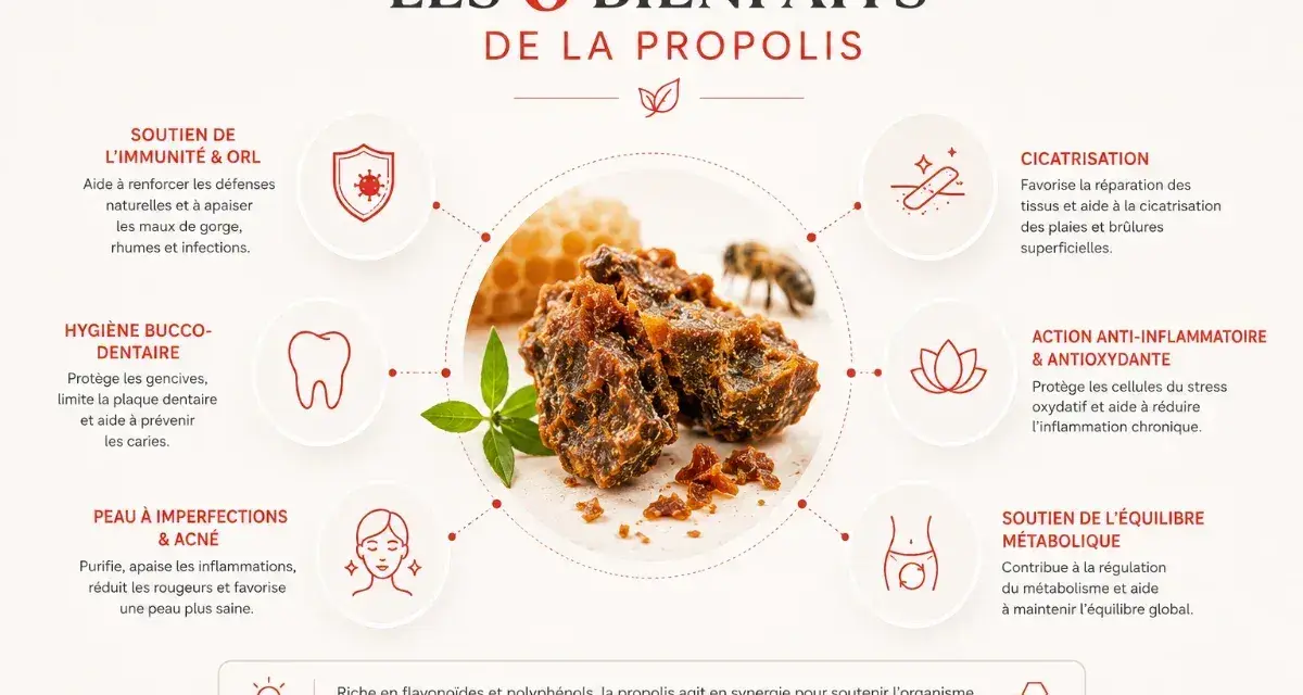 La propolis, bien que bénéfique, peut présenter un danger pour les personnes allergiques. Cette image illustre ses 6 bienfaits.