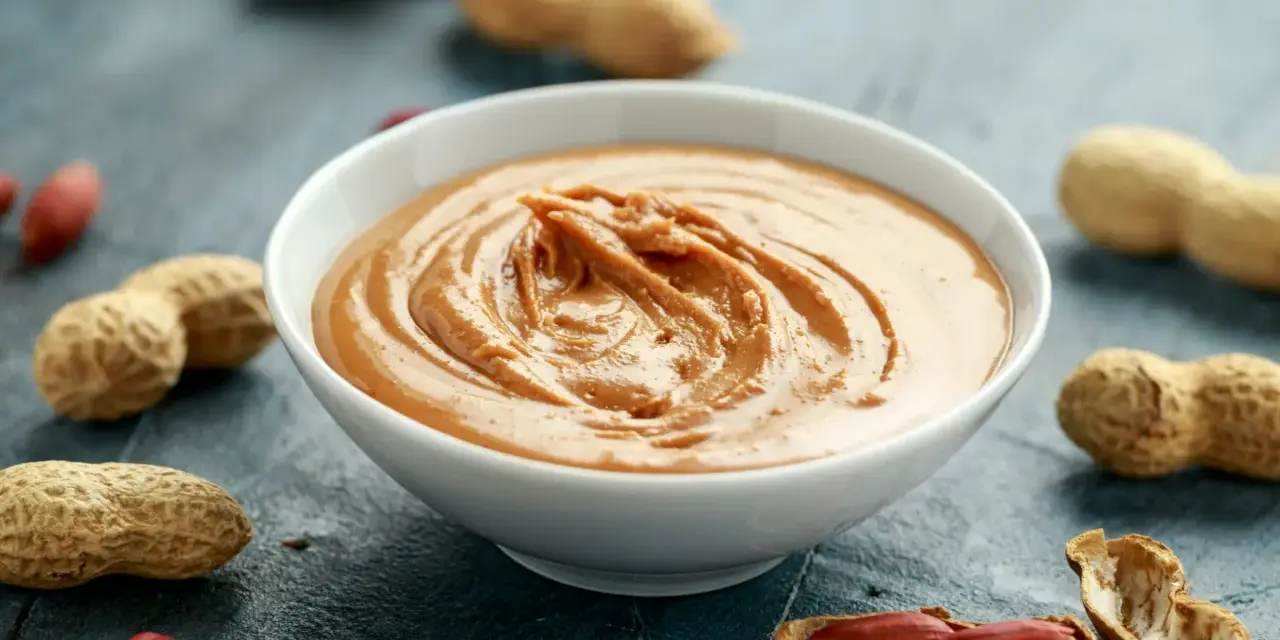 Un bol de sauce cacahuète facile, crémeuse et onctueuse, entouré de cacahuètes entières et décortiquées.