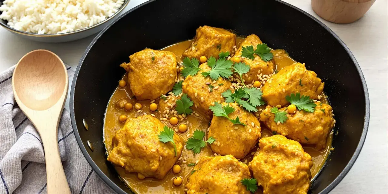 Boulettes de poulet au curry, parsemées de sésame et de coriandre, servies avec du riz blanc. Une recette de riz au curry facile et savoureuse.