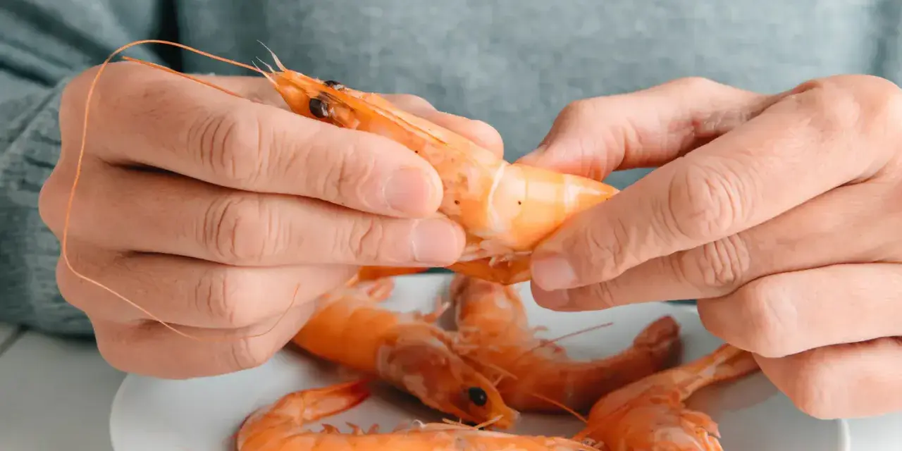 Des mains épluchent une crevette crue, posée sur une assiette avec d'autres crevettes. Peut on manger des crevettes crues ?