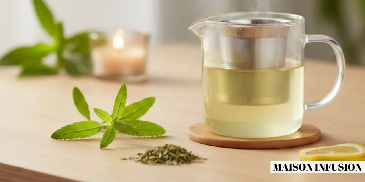 Une théière en verre fumante contient une tisane verveine dorée. Des feuilles fraîches et séchées de verveine, ainsi qu'une tranche de citron, complètent la scène.