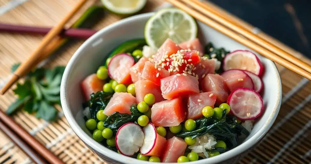 Un délicieux poke bowl riz avec du thon cru, des petits pois, des radis, des algues et des graines de sésame.