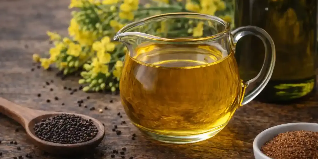 Un pichet de liquide doré, l'huile de colza cuisson, à côté de graines et de fleurs jaunes.