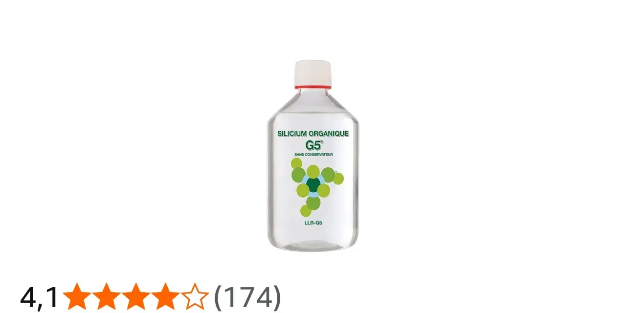 Bouteille de silicium organique G5, sans conservateur, avec un logo de molécules vertes. Évaluation 4,1 étoiles.