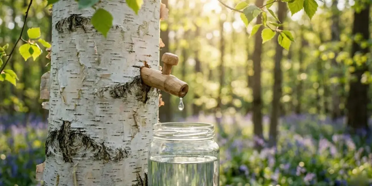 Goutte à goutte, la seve de bouleau coule dans un bocal. La forêt s'éveille au printemps, baignée d'une douce lumière.
