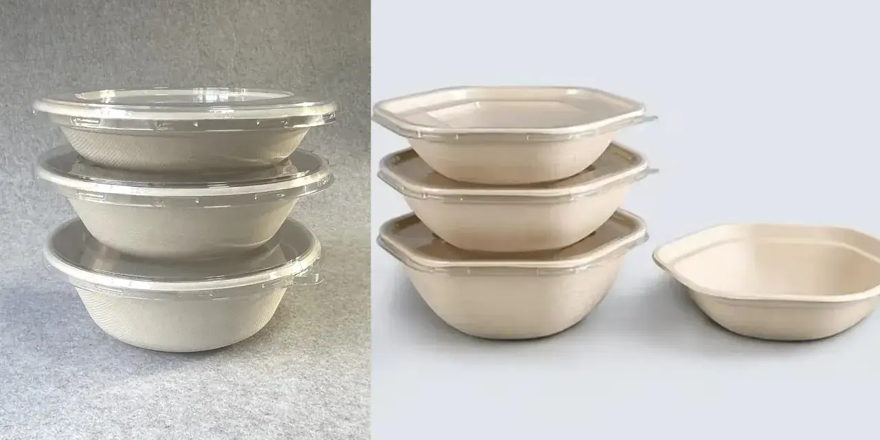 Empilement de bols à sauce en carton biodégradable avec couvercles transparents. Parfait pour emporter vos plats préférés.