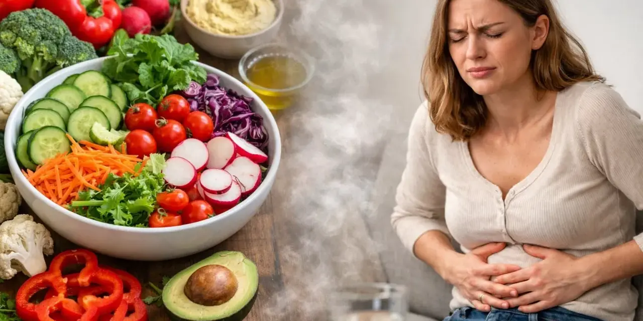 Une femme souffre de maux d'estomac après avoir mangé une salade verte.