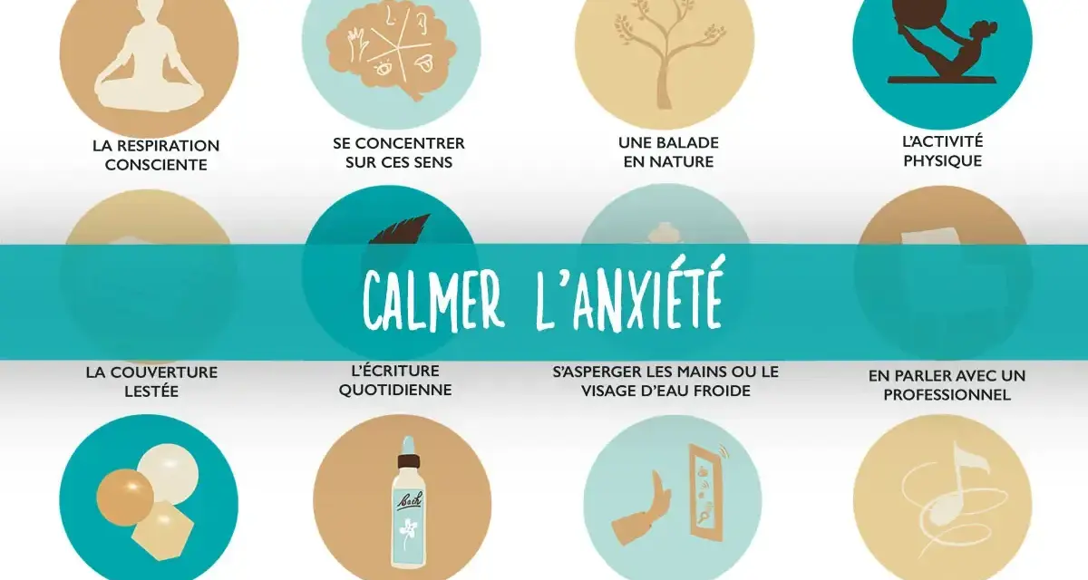 Illustration d'un anti-stress naturel puissant : respiration, nature, activité physique, écriture, fleurs de Bach, musique, et plus.