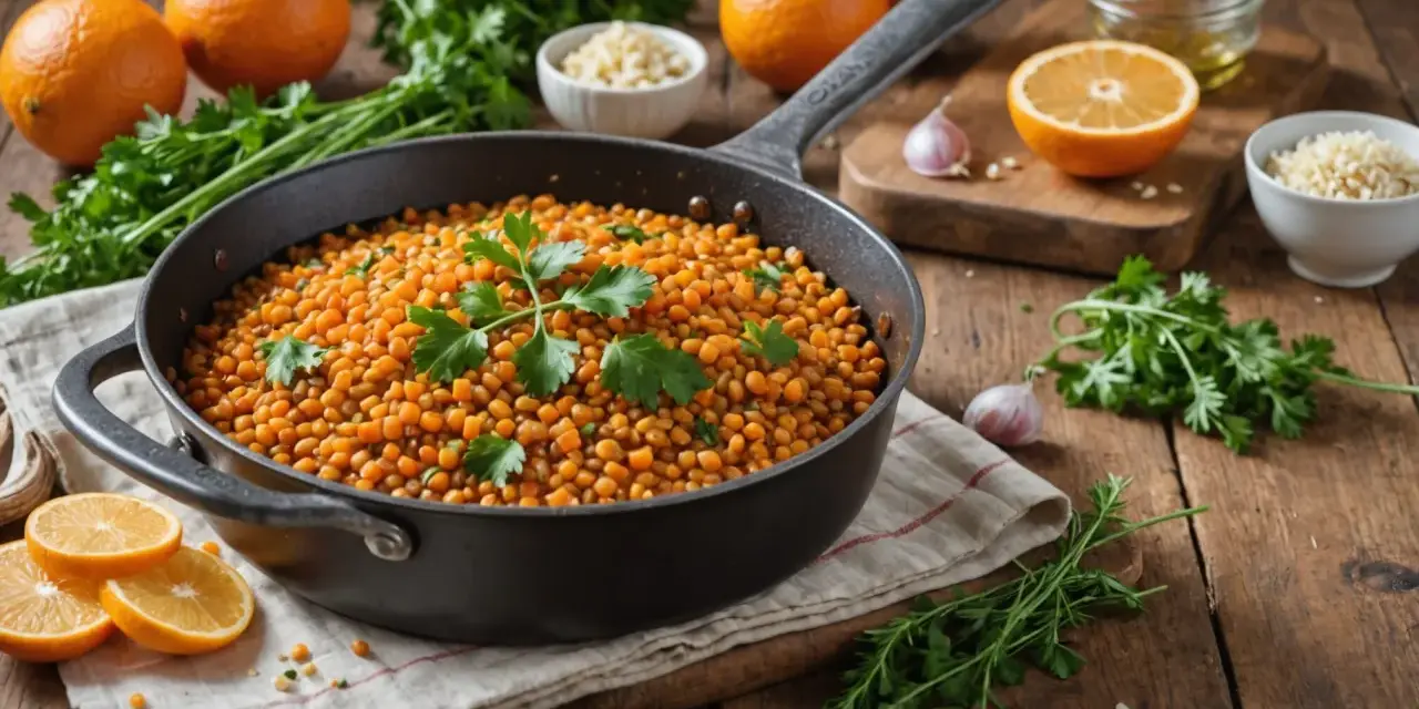 Poêle remplie de lentilles dorées, garnie de persil frais. Autour, des oranges, de l'ail et des épices suggèrent un plat savoureux.