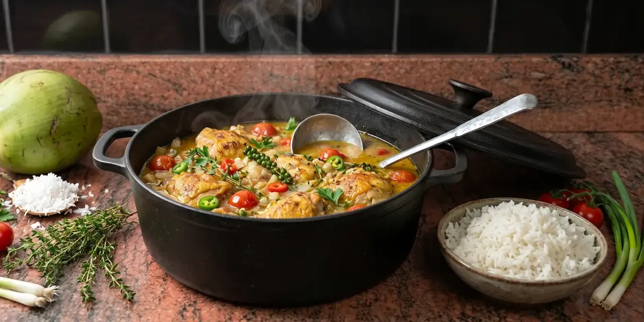 Un plat fumant de poulet au riz et lait de coco, garni de tomates cerises et de poivrons. Une invitation à découvrir cette recette savoureuse.