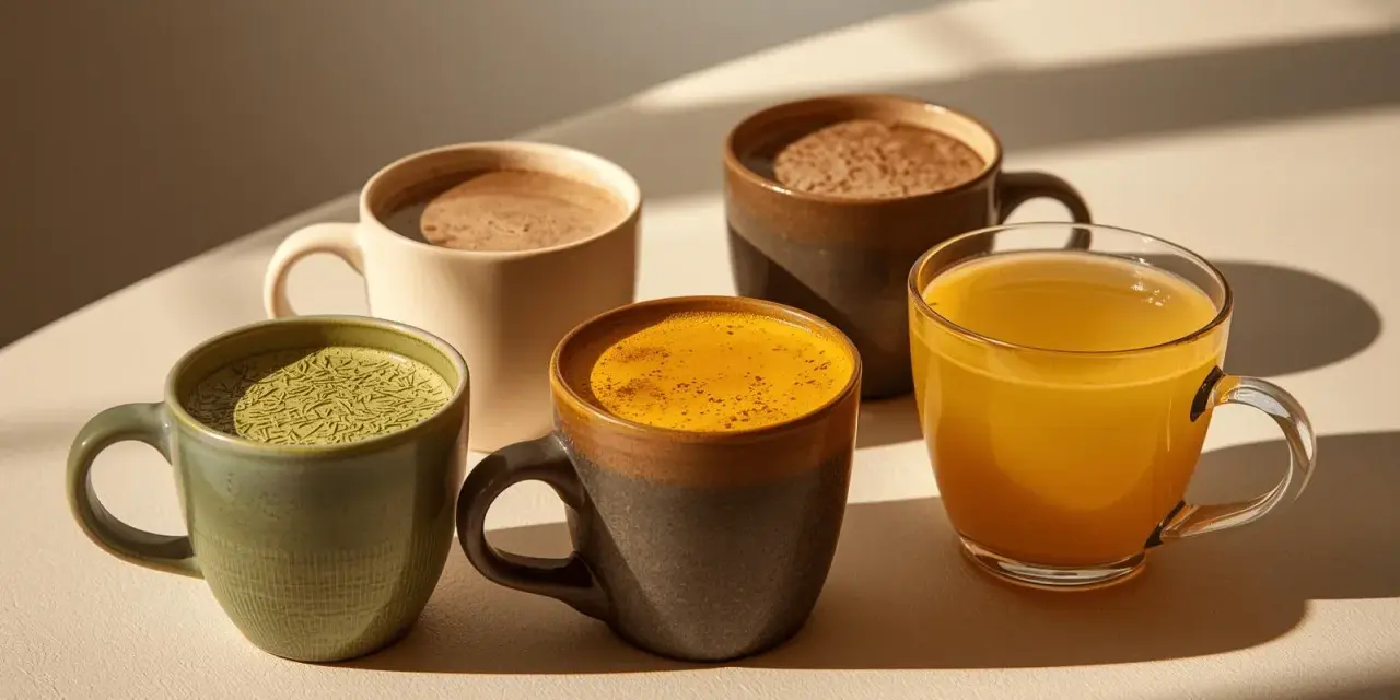 Quatre tasses de boissons colorées : matcha, curcuma, chocolat chaud et boisson dorée. Une belle alternative au café pour commencer la journée.