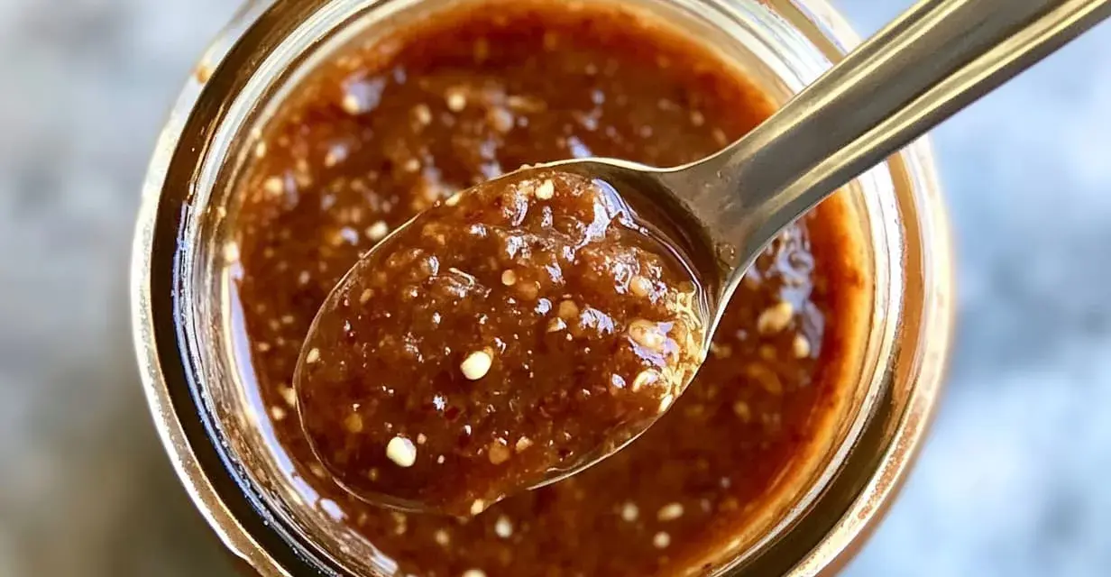 Une cuillère remplie de sauce asiatique pour riz, avec des graines visibles, sort d'un pot en verre.