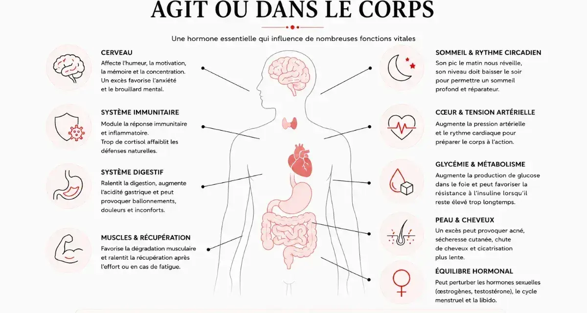 Schéma du corps humain montrant les effets d'un cortisol trop élevé sur le cerveau, le système immunitaire, la digestion, les muscles, le sommeil, le cœur, la glycémie, la peau et les hormones.