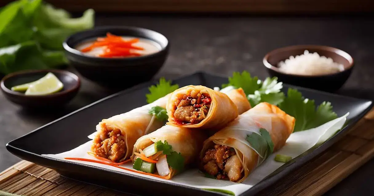 Des nems croustillants, parfaits pour une recette facile. Ils sont servis avec une sauce et du riz.