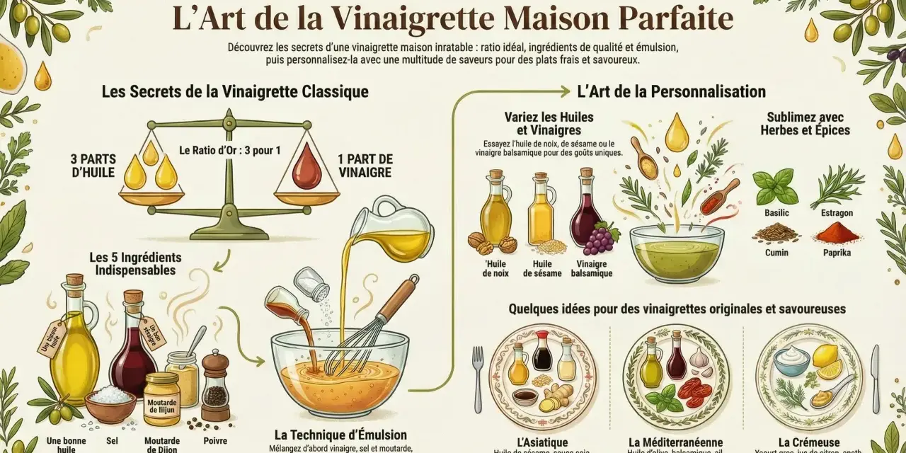 L'art de la vinaigrette maison parfaite : ratio, ingrédients, émulsion et personnalisation avec des saveurs originales.