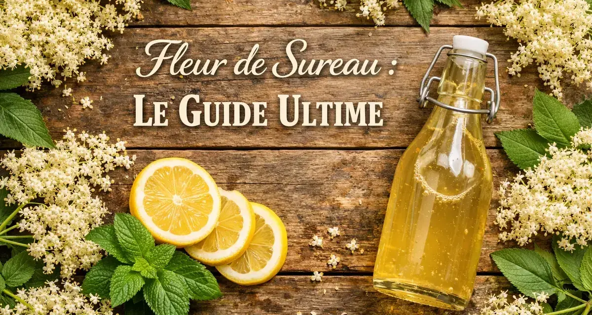 Fleurs de sureau en abondance, une bouteille de sirop doré, des citrons et de la menthe sur fond de bois. Le guide ultime pour le sureau.