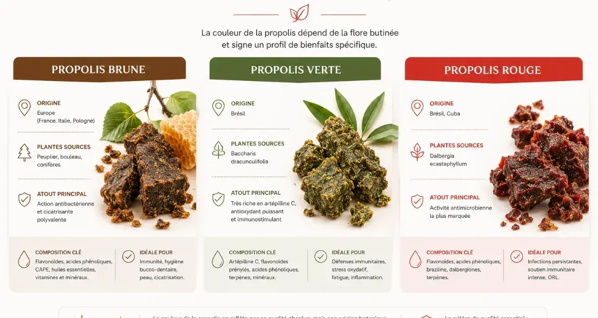 Propolis rouge : origine Brésil/Cuba, activité antimicrobienne marquée. Pas d'effets secondaires mentionnés, idéale pour infections et ORL.