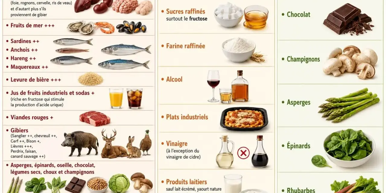 Tableau comparatif des aliments : ceux qui augmentent l'acide urique (abats, fruits de mer, poissons, levure, sodas, viandes rouges, gibiers, sel, bière), ceux qui diminuent son élimination (sucres, farine, alcool, plats industriels, vinaigre sauf cidr...
