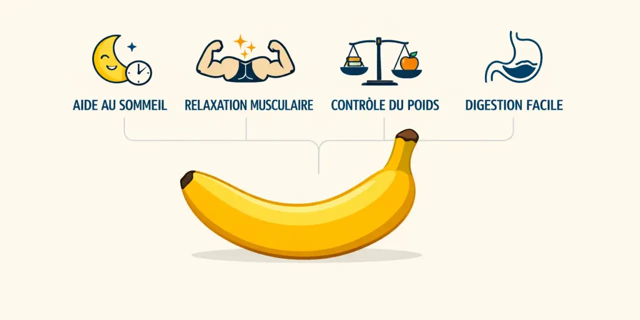 Une banane pour aider au sommeil, la relaxation musculaire, le contrôle du poids et une digestion facile. Manger une banane le soir, c'est bon pour vous !