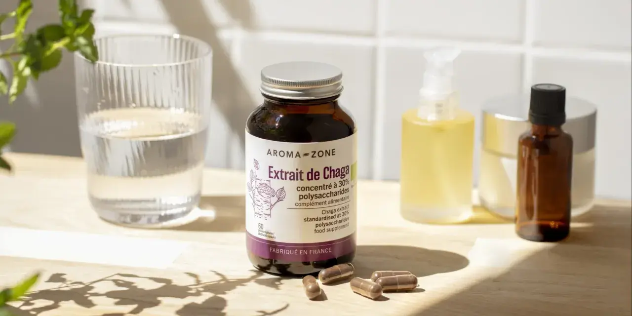 Bouteille d'extrait de Chaga, compléments alimentaires et verre d'eau. Découvrez les chaga bienfaits pour votre bien-être.